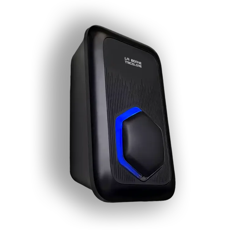 Black compact electronic device (speaker) with a blue illuminated hexagonal activation ring on the front and a textured panel; upright, rounded-edged design.