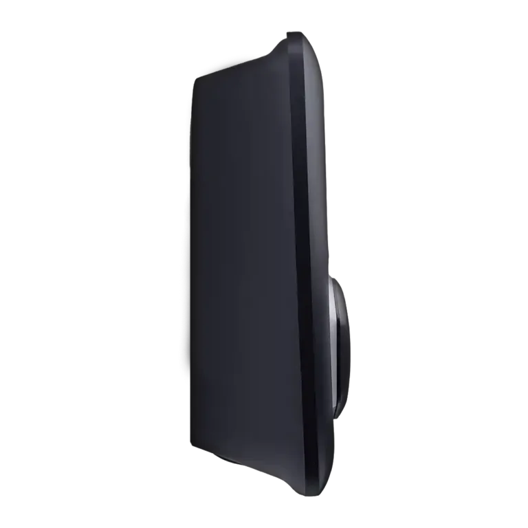 Side view of a slim black computer monitor with a circular stand.