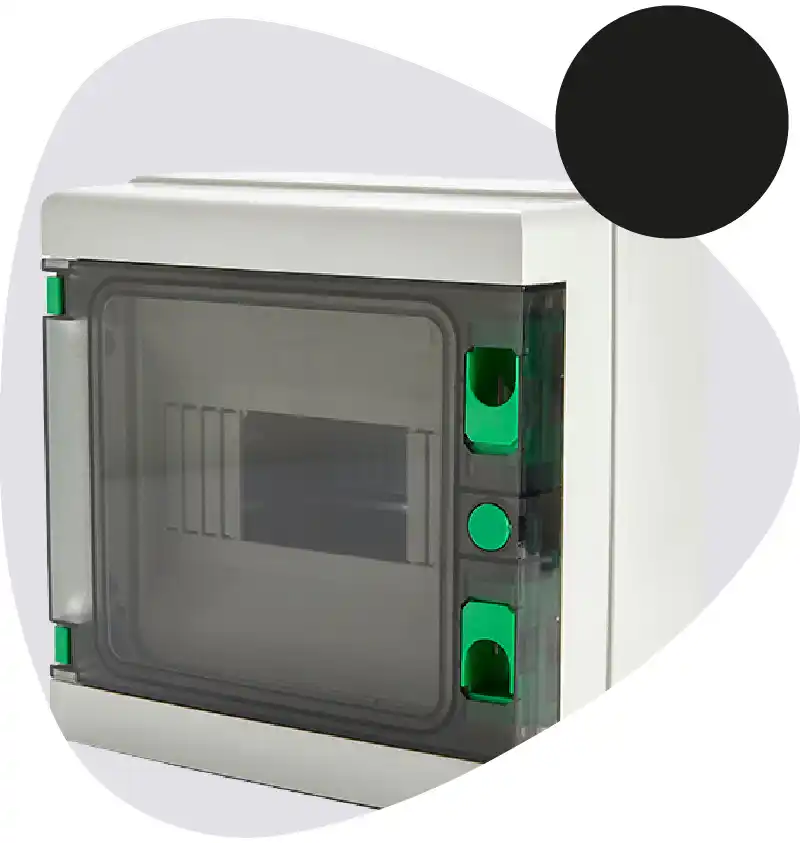 Plan-de-travail-1electricite - Hybster | France Wall-mounted electrical panel with a transparent front door and green status indicators on the side panel