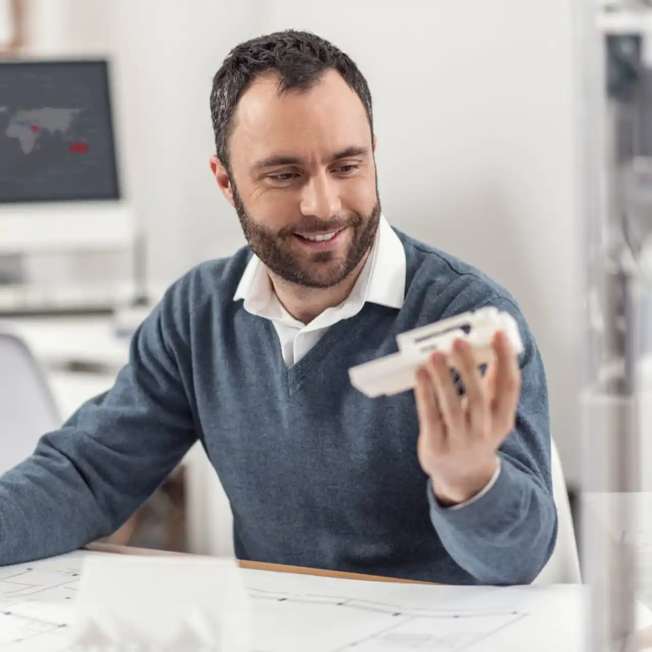 Smiling man with dark hair and beard in a blue sweater holds a small white model at a desk in an office setting.